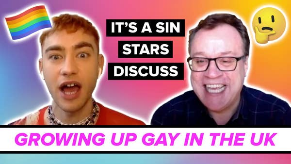 Colourful image of two men with the text it's a sin stars discuss growing up gay in the uk