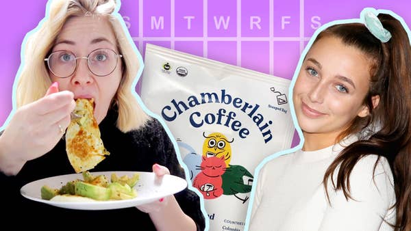 In the foreground, Lindsay eats a plate of eggs next to a picture of Emma Chamberlain. In the background, a close up of Chamberlain coffee packaging and the days of the week.