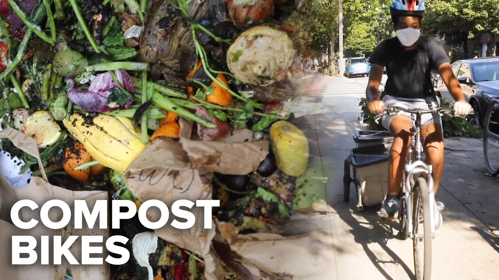 A person with a bike carrying compost in a caddy in the back on a brooklyn street and a picture of compost