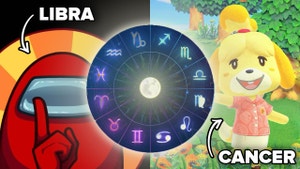 The zodiac sign Libra is pointing to a character from the game Among Us, while the zodiac sign Cancer is pointing to a character from Animal Crossings New Horizons. The zodiac wheel is in the middle of the image.