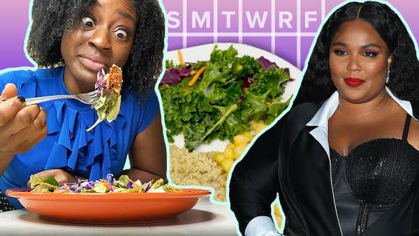 Woman in blue shirt with exaggerated eyes stares at salad. Weekly calendar. Lizzo in black dress.