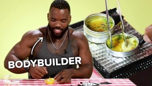 Bodybuilder cook with tiny items.