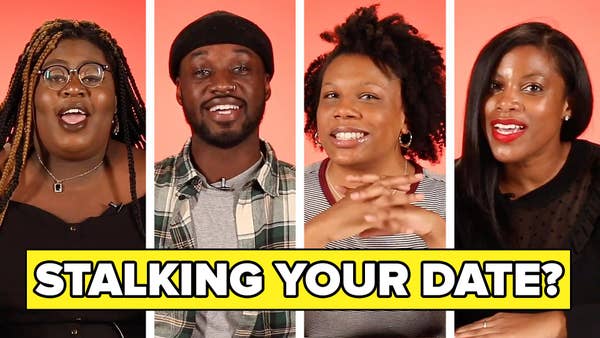 Joyce, Q, Jada, and Ashley with "Stalking Your Date?" text