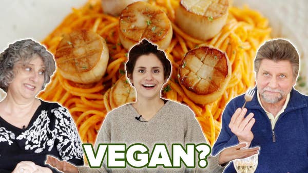 Rachel and her parents plate of vegan spaghetti with mushroom scallops