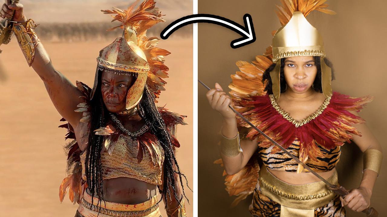 Hippolyta from Lovecraft Country next to a still image of Nwabundo in a recreated outfit.