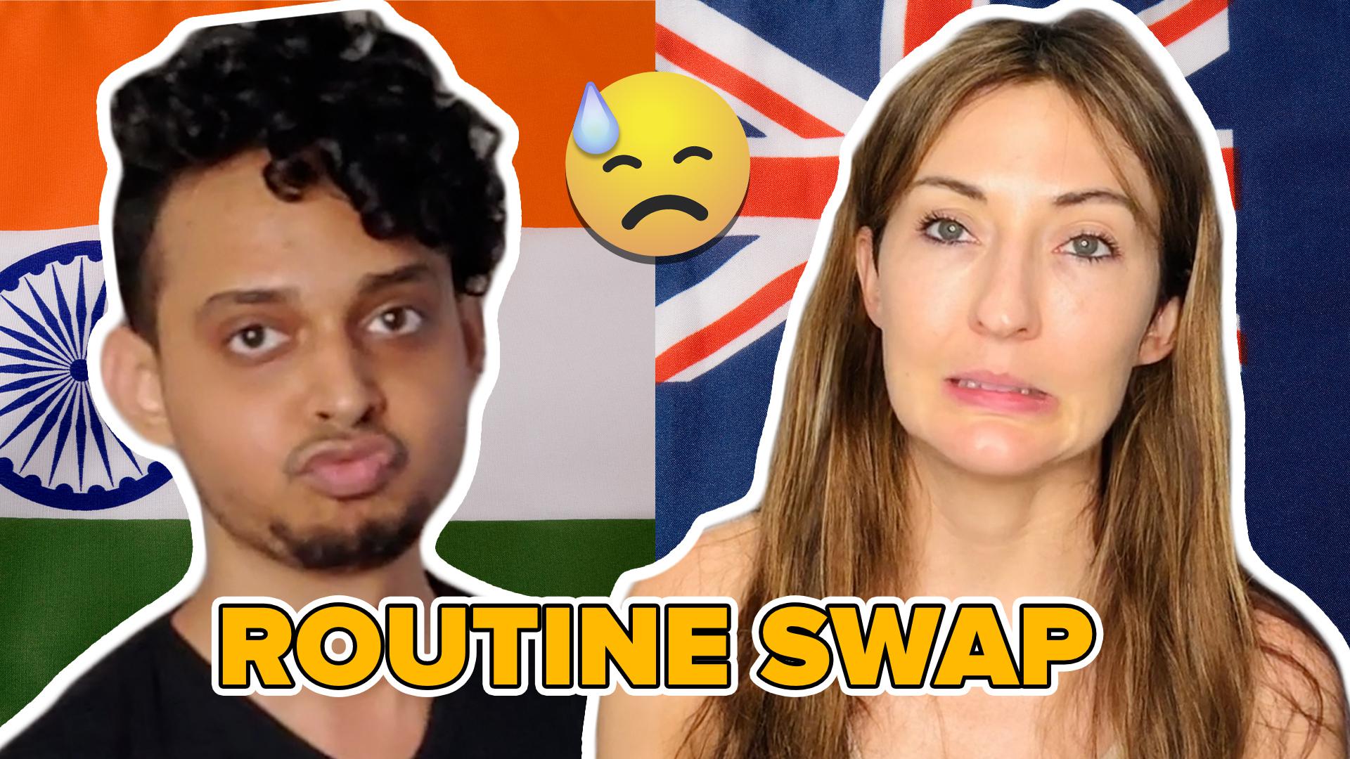 aniket looking annoyed next to evelyn who's face looks like it's sorry. in the back ground there is the indian and australian flag next to each other, with the text routine swap at the bottom and a sweat emoji.