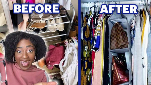 Vivian is happy about her newly organized closet with before and after pictures behind her. 