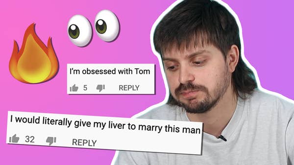 Tom looking uncomfortable next to two tweeets that say "I would literally give my live to marry this man" and "I'm obsessed with Tom". Two emojis are at the top, a fire and the eyes. 