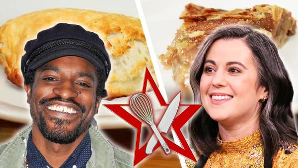 Andre 3000 and Claire Saffitz photos and behind them is a picture of their apple pie recipes. 