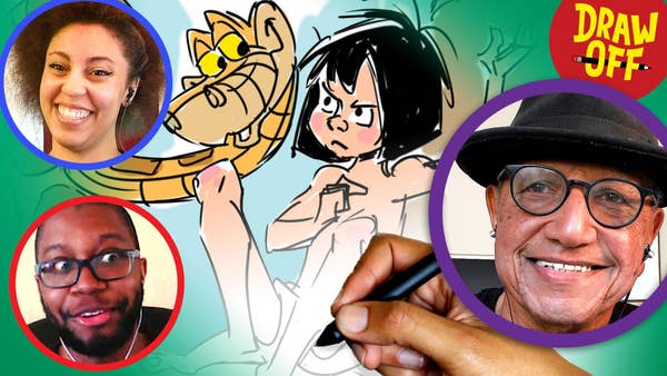 Floyd Norman, Jessica Cuffe and Austin Faber marvel at Floyd Norman's drawing of the Disney The Jungle Book characters, Mowlogi and Kaa. 