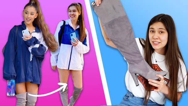 On the left, a photo of Ariana grande wearing a blue windbreaker and thigh high boots and a photo of Mei Eldridge wearing a windbreaker and thigh high boots. On the right, Mei Eldridge holds up a grey thigh high boot and makes a confused face.