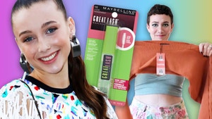 Emma Chamberlain smiling on the left, a mascara package in the middle, a woman holding up a very cropped orange long-sleeved sweater and smirking