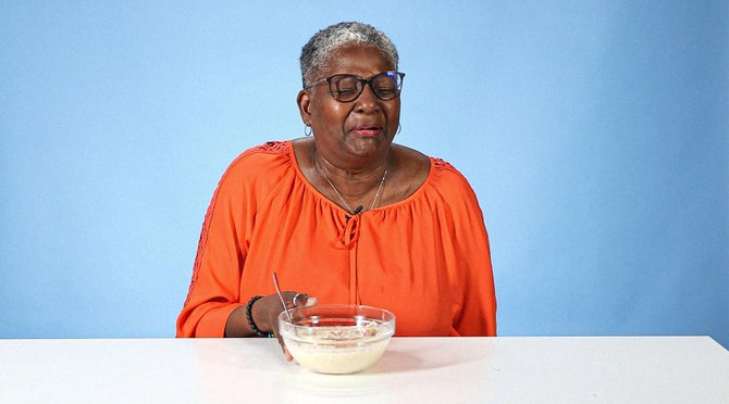 Disgusted Grandma doing a taste test of grits