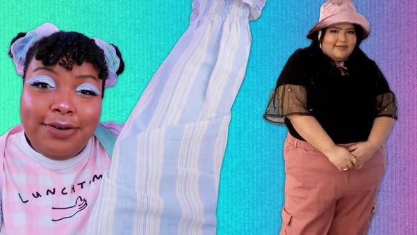 Set against a gradient background of green, blue and pink. On the left, Aaliyah, in pastel clothes, holds up a blue and white striped shirt with a questioning expression on her face. On the right, Jessica wears a black t shirt with pink pants and hat.