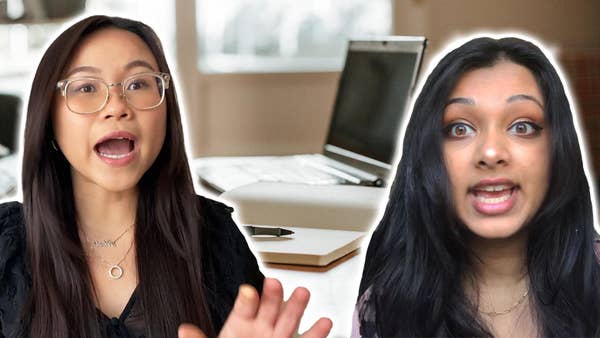 Two female college students who attend the University of Southern California look shocked as they tell their online college horror stories in front of a desk with a laptop, book and pen.