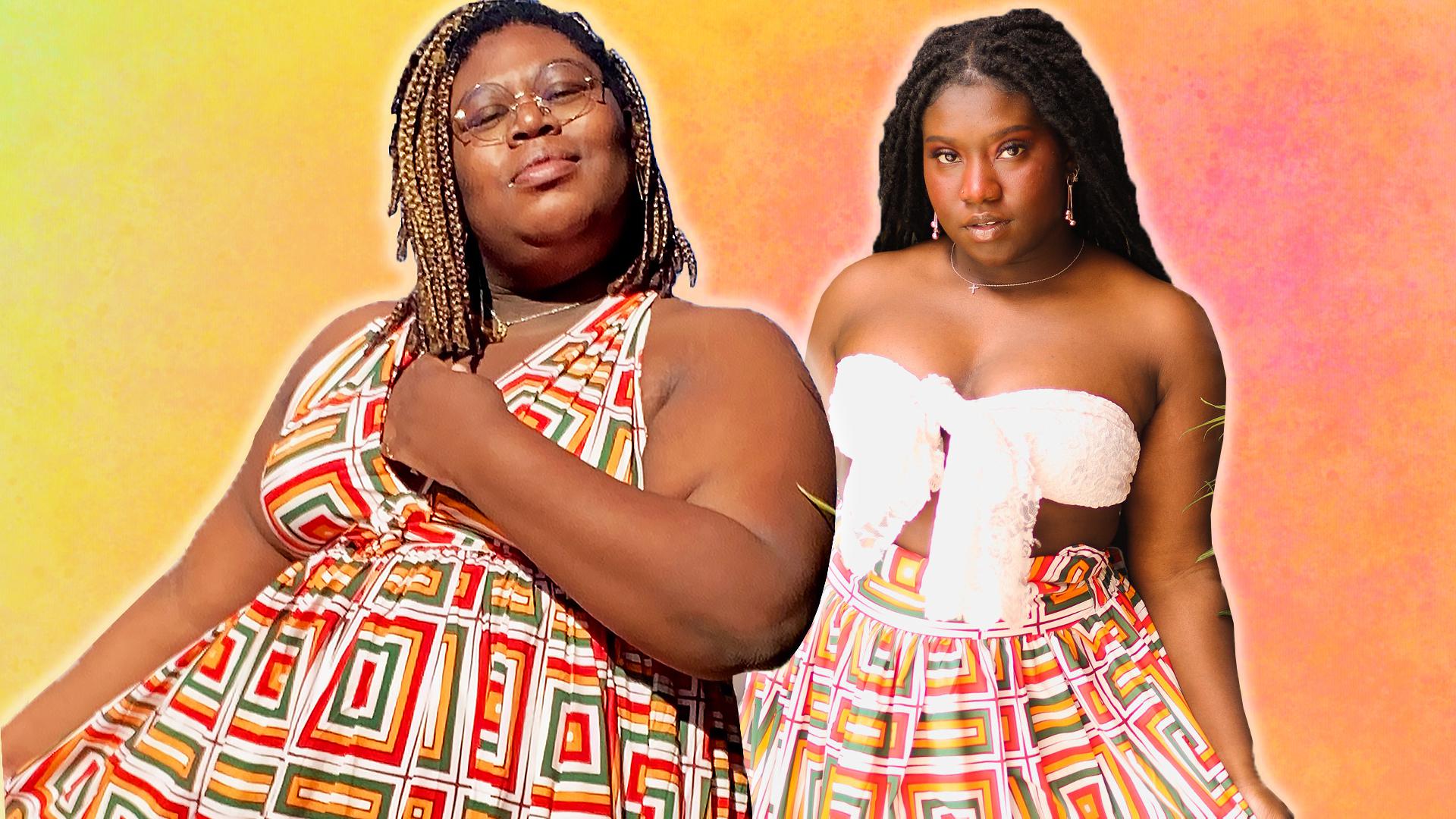 Joyce and Elise model a skirt.