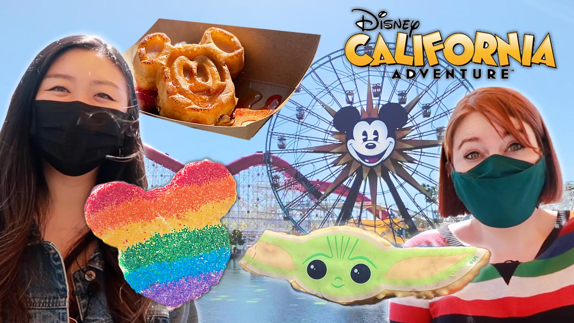 Jasmine on left, Katie on right, mickey shaped waffle, mickey shaped rice krispy, baby yoda krispy, disney california adventure in the background