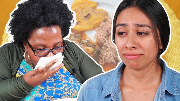 Haitian mother-in-law is throwing up the food that her Mexican daughter-in-law cooked for her. The daughter-in-law is crying and you can see a tear falling. The background is a picture of the food the daughter-in-law cooked for her mother-in-law.