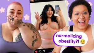 Two plus-sized people are making shocked faces. A photo of a plus model in lingerie is in the background. Text reads