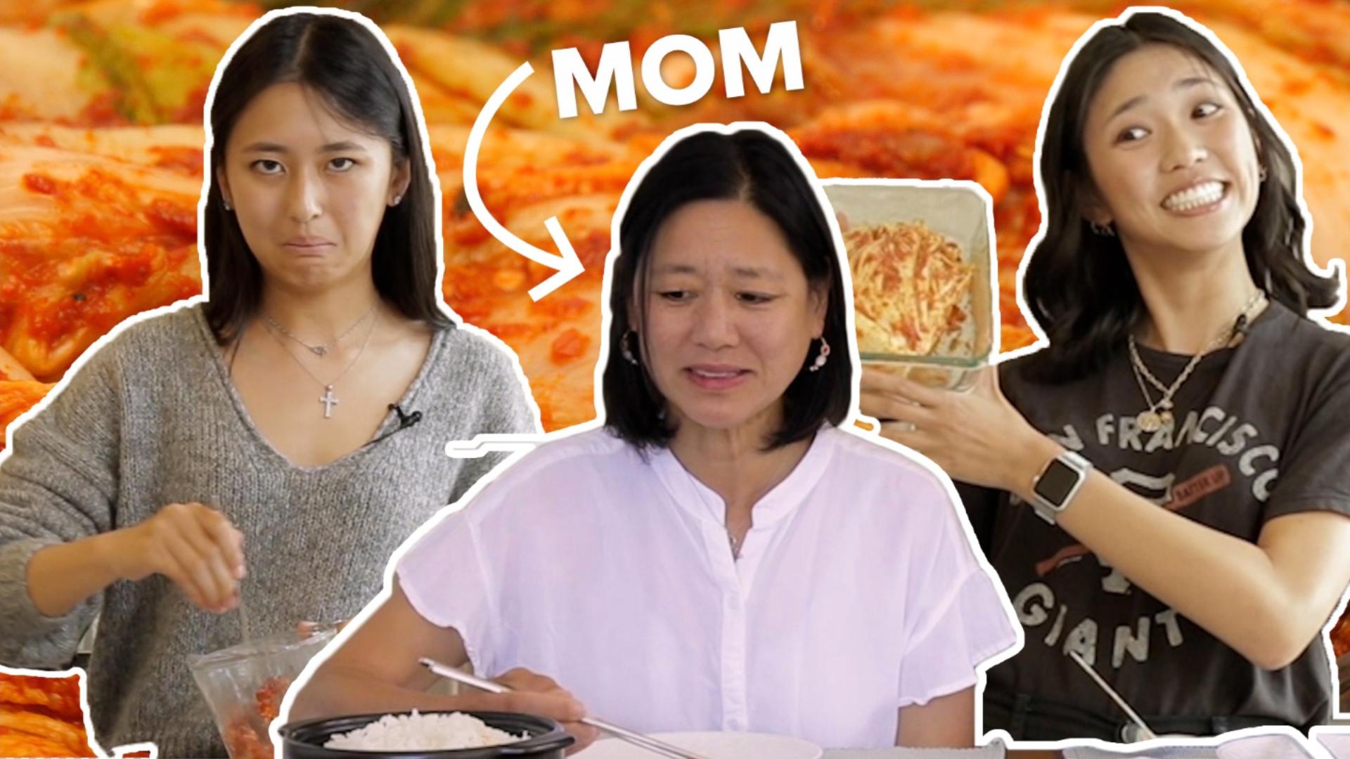 two sisters cooking kimchi and mom tasting it making an unhappy face