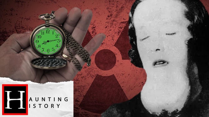 A hand holds a bright green pocket-watch to the left of a woman's face with a radium-induced sarcoma on her chin over a red radioactive-hazard-symbol background