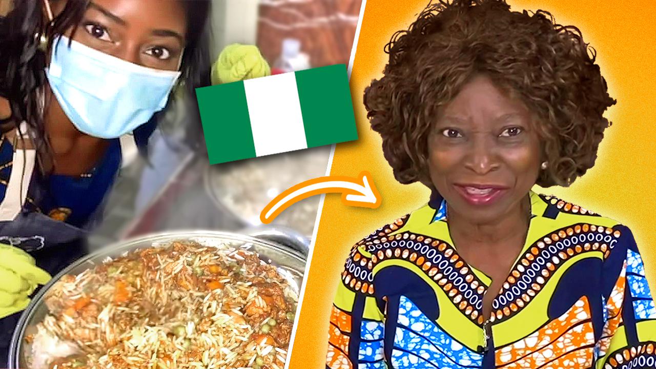 Vivian next to jollof dish with her mom.
