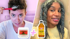 Megan and Shiquita try the aztec clay mask in their hair. nAztec clay plus apple cider vinegar is shown.