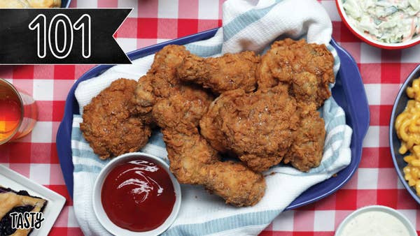Tasty 101 banner over a plate full of FRIED CHICKEN