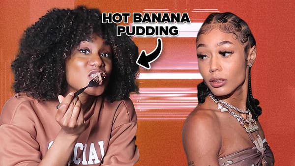 Kayline trying Hot Banana Pudding next to image of Coi Leray.