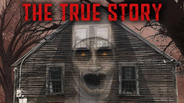 The True Story letters are in red above a wooden house with a possessed nun faded into the side.