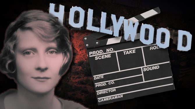 Image of young starlet with the Hollywood Sign and movie slate beside her