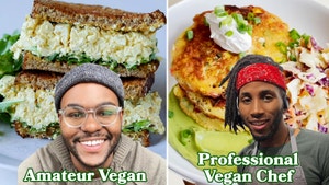 Ehi and Chef Bramdo react to the vegan food they made.