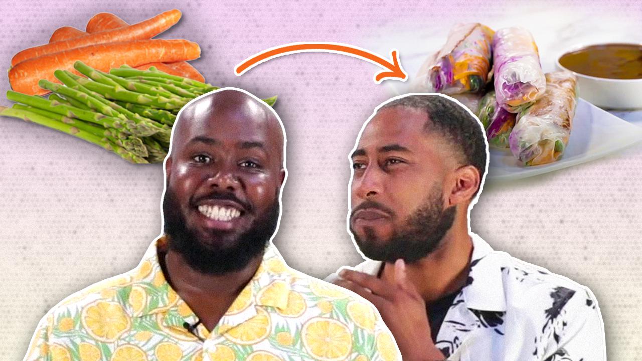 Chef Seth and James next to vegetables.