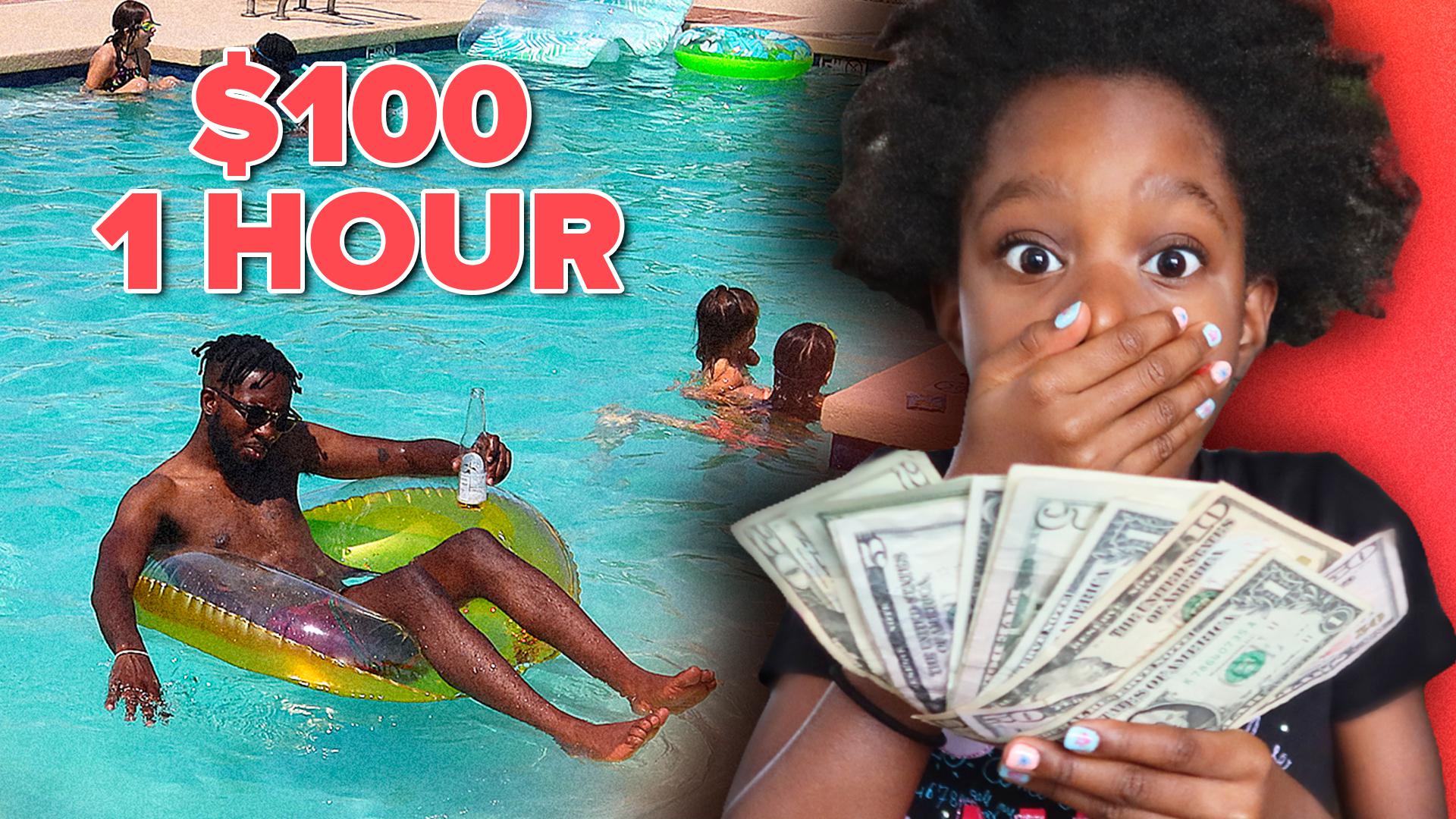 Lynnn holding $100 next to her father Andrew in swimming pool.