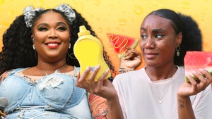 Kayline holding mustard and watermelon next to a photo of Lizzo.