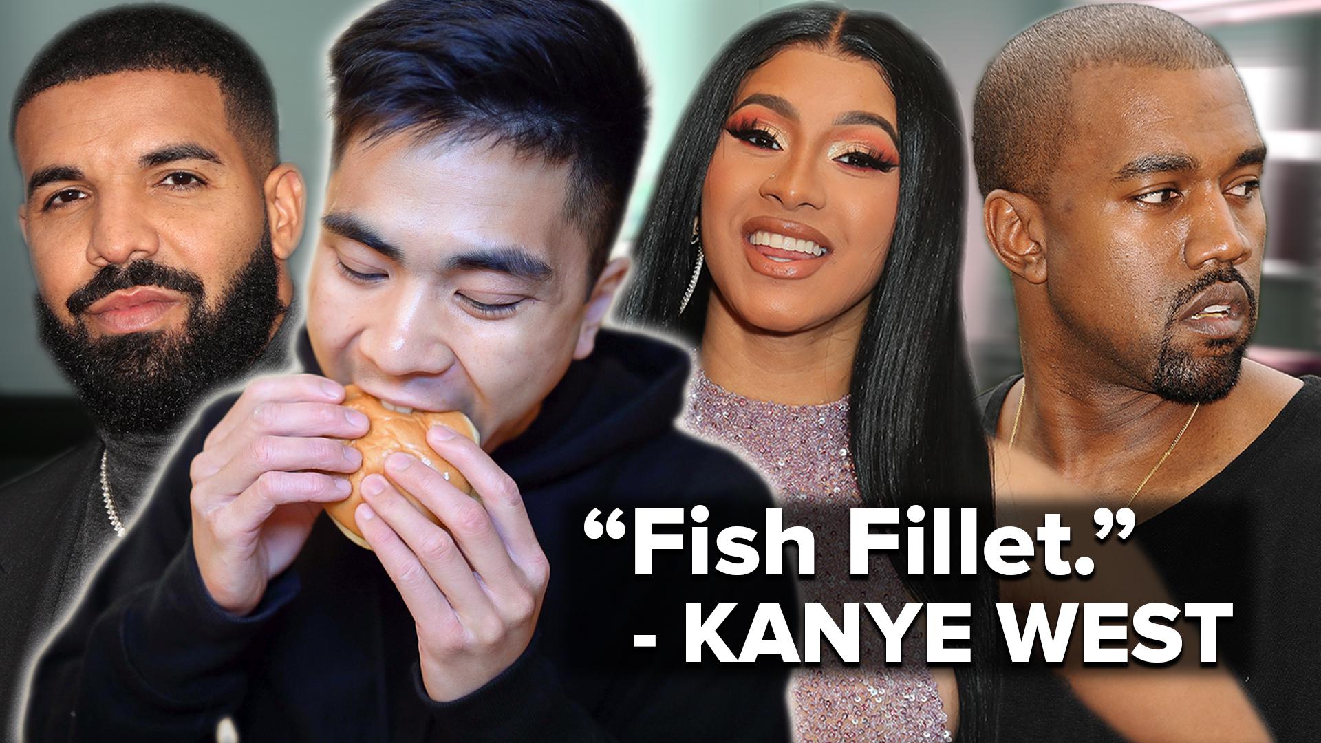 Man takes bite of sandwich. Celebrities stand in the background
