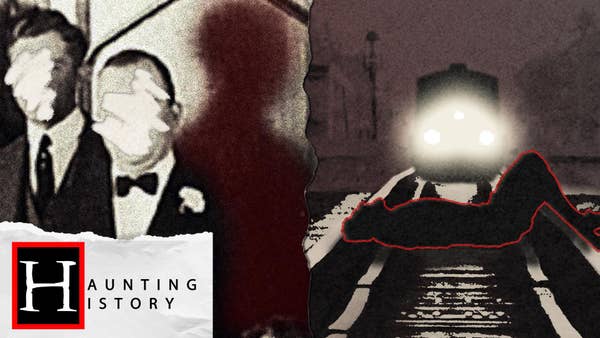 A black, white & red split image with two men on the left with their faces scratched out sand with a ghostly red figure standing behind them, and in the right image an oncoming train is shown with a body laying across the tracks in front of it.