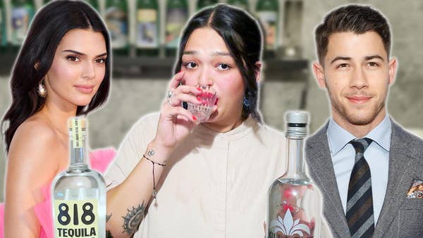 Bartender sips from a glass. Kendall Jenner and Nick Jonas stand behind her.