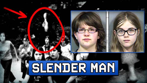 Mugshot of two 12-year olds in front of a photoshop picture of The Slenderman