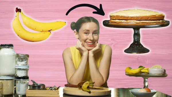 picture of woman with banana peels turning into a cake 