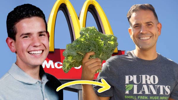 picture of teenager working at mcdonald's and same man grown up as a farmer holding kale 