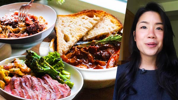 Photos of Inga's dinners including pan-seared steak and pot roast. 