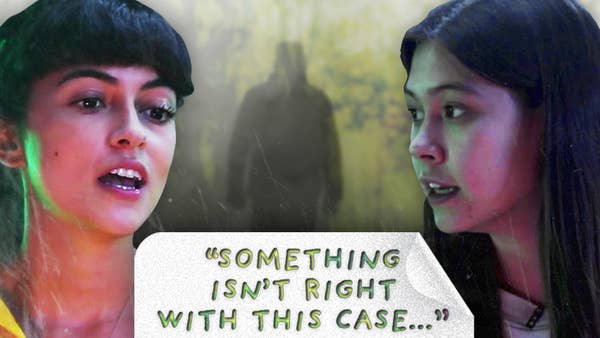 Two women (Carolina Reynoso and Mei Eldridge) talk as a shadowy figure stands behind them. Between them a piece of paper reads: "something isn't right with this case..." in green letters