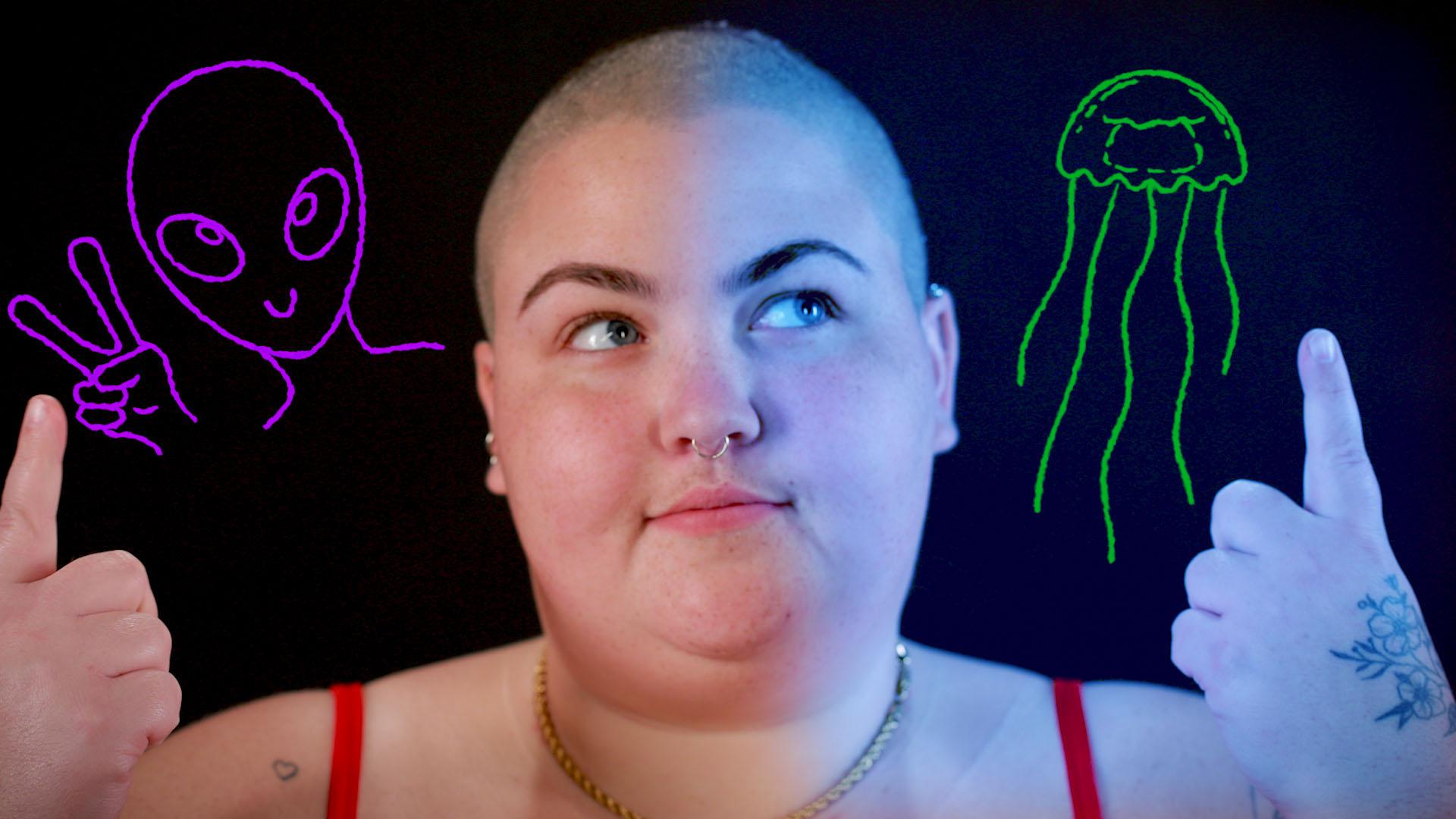 Jordan with an illustration of a jellyfish and an alien