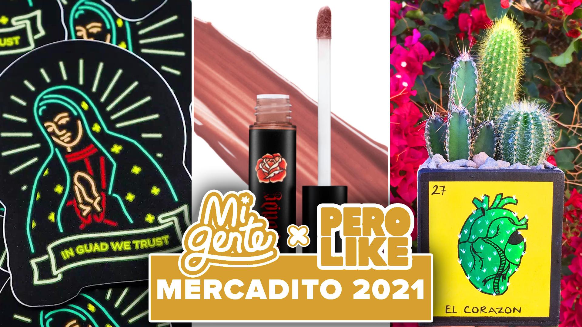 sticker of Guadalupe image of lipstick and decorative cactus planter mercadito 2021