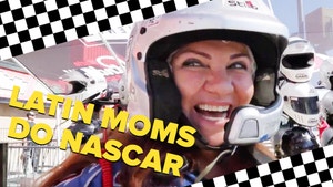 One of the moms, in a helmet, smiling our the window with the text "Latin Moms Do Nascar"