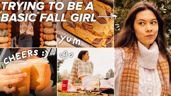 Mei trying to become an ultimate fall girl. Mei pictured at a fall picnic, with pumpkin spice lattes, at a pumpkin patch, and baking.