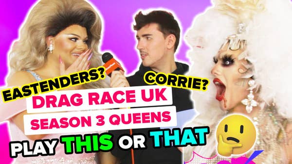 Drag Queens and host look shocked in cut outs against a purple background text reads Drag Race UK Season 3 queens play this or that