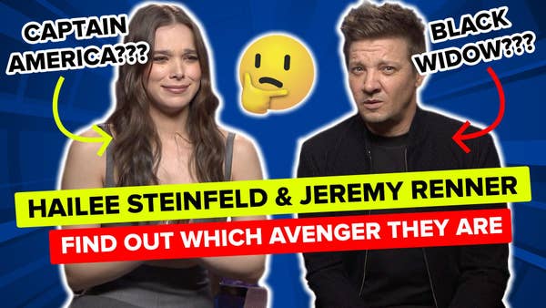 Jeremy Renner and Hailee Steinfeld appear confused on a blue background the text reads Jeremy Renner and Hailee Steinfeld find out which avenger they are