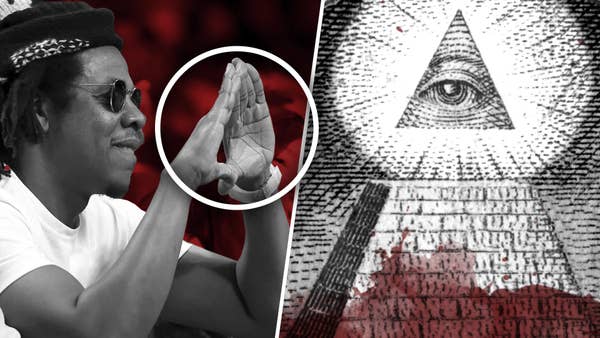 Jay-Z holding up the HOV sign with his hands next to the Eye of Providence.